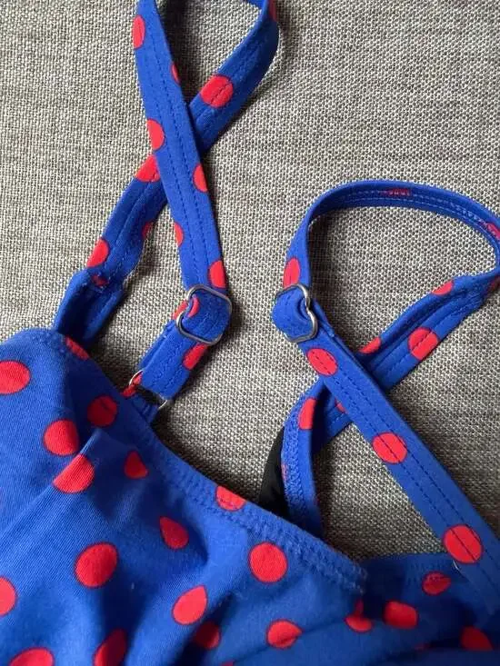 DKNY Swim Women's Ruched Polka Dot One-Piece Swimsuit Blue and Red Size 10 - Picture 8 of 8